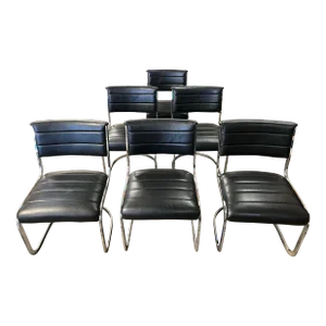 1970’s Chrome Sling Dining Chairs in Black Vinyl- Set of 6