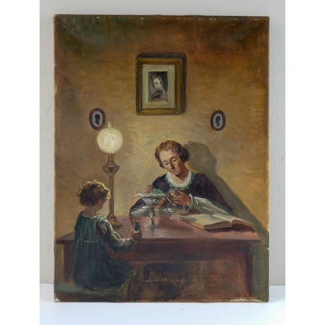 Early 20th Century Early 20th Century Mother Pealing Apple for Daughter Painting For Sale - Image 5 of 5