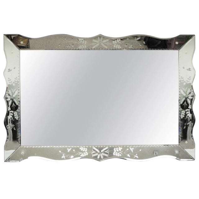 Vintage Venetian Art Deco Scalloped Edge Floral Etched Glass Large Wall Mirror For Sale - Image 11 of 11