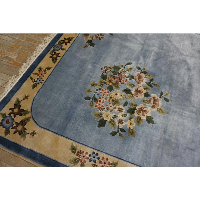 1980s Ligth Blue Floral Vintage Silk Chinese Art Deco Carpet 6'2" X 9' Handknotted Rug For Sale - Image 10 of 12