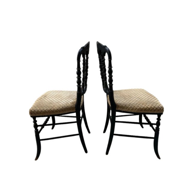 English 1850s French, Ebonized Wood Chiavari Chairs With Gold Velvet Seats - A Pair For Sale - Image 3 of 12