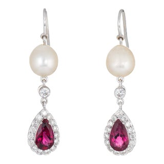 Pink Tourmaline Diamond Pearl Drop Earrings Estate 18k White Gold Dangle Jewellery - 2 Pieces For Sale