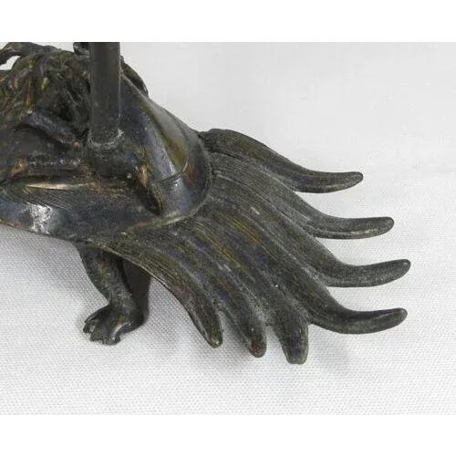 Meiji Early 20th Century Japanese Shokudai Bronze Candlestick Antique Metal Crane Bird Tortoise Animal Lotus For Sale - Image 11 of 12