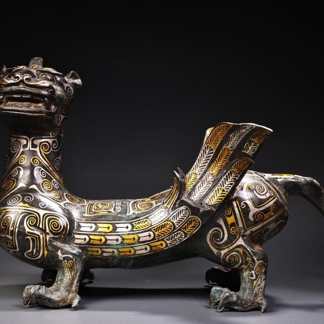 Asian Late 19th Century Gilt Bronze Mythical Beast Figurine, Gold and Silver Inlay For Sale - Image 3 of 12