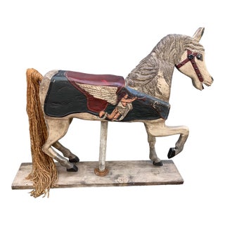 1980s Hand-Carved Large Wooden Folk Art Carousel Horse For Sale