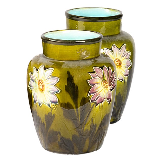 Art Nouveau Barbotine Vases, 1890s, Set of 2 For Sale
