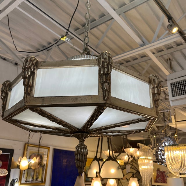 Mid 20th Century Wood Carved Hexagonal and Glass Suspended Cieling Light Chandelier For Sale - Image 9 of 12