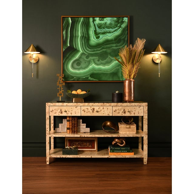 Contemporary Matthew Izzo Home Briar Burlwood Three Drawer Console With Two Open Shelves For Sale - Image 3 of 6