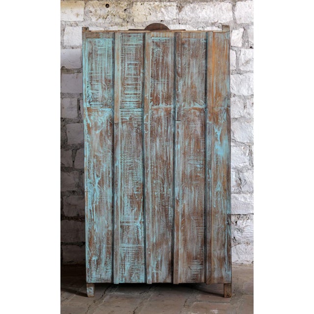 Antique Floral Carved Armoire – Distressed Blue Cabinet With Brass Stud Detailing 70x36 For Sale In Orlando - Image 6 of 7