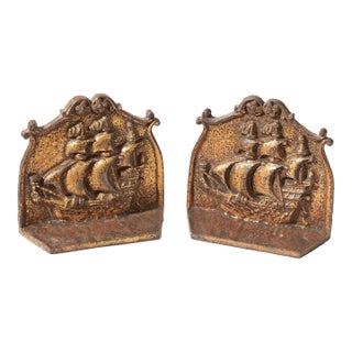Pair of Vintage Cast Iron Book Ends - Sailing Ship - Elizabethan Galleon For Sale