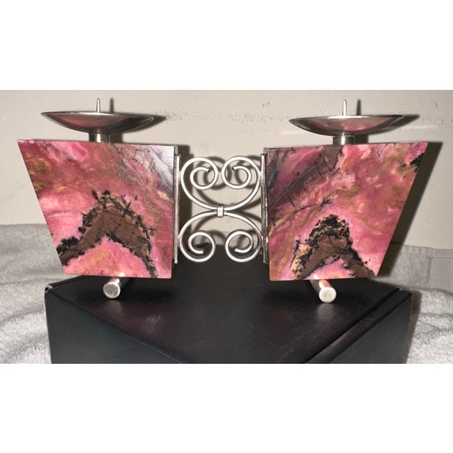 Metal Vintage 1970’ S Soviet Russian Modernist Rhodonite & 875 Silver Candle Holder For Sale - Image 7 of 12