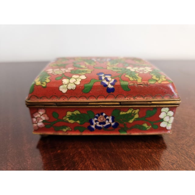 Lovely Chinese Cloisonné enamel hinged copper box with ball feet hand decorated with green, blue and and pink floral...