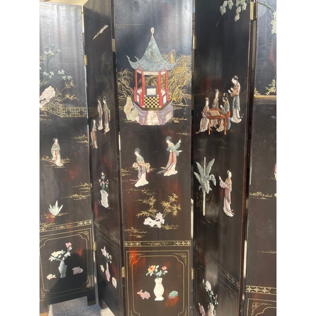 This Vintage Oriental Black Lacquer 6 panel screen is a piece of art with REAL raised stones: Jade, Soapstone Agate,...