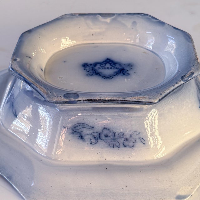 Antique Sobraon Flow Blue Octagonal Footed Bowl For Sale - Image 10 of 11