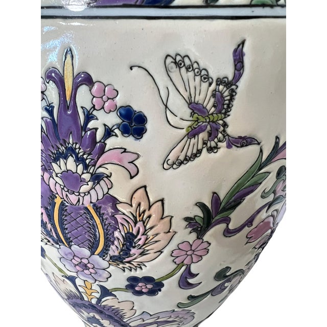 1970s Ornate Floral Ceramic Urn Table Lamps With Carved Wood Bases - a Pair For Sale - Image 9 of 13