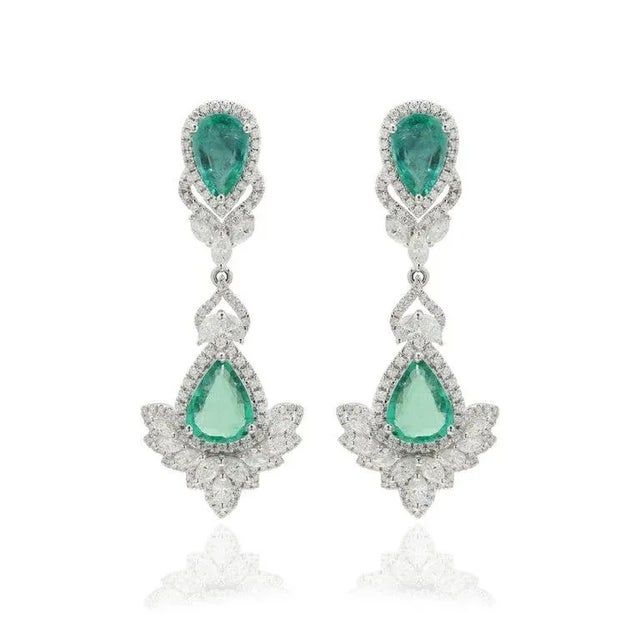 Victorian 4.23ct Columbian Emerald & 2.18ct Diamond 14k Gold Victorian Style Statement Earrings- A Pair For Sale - Image 3 of 8