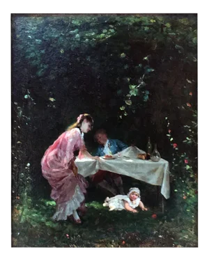 Camillo Innocenti [1871-1961] Italian Impressionist Outdoor Genre Painting “playing With Child” Circa 1900
