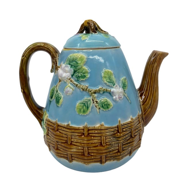 George Jones Majolica 'Apple Blossom' Teapot Basketweave on Turquoise, Ca. 1873 For Sale - Image 6 of 13
