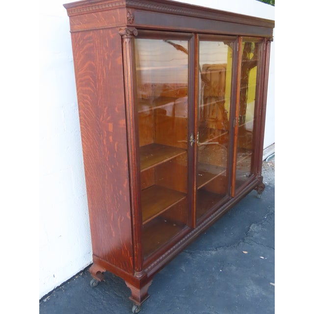 Early 1900s Tiger Oak Long Large China Cabinet Bookcase Cupboard 6583 For Sale - Image 4 of 18