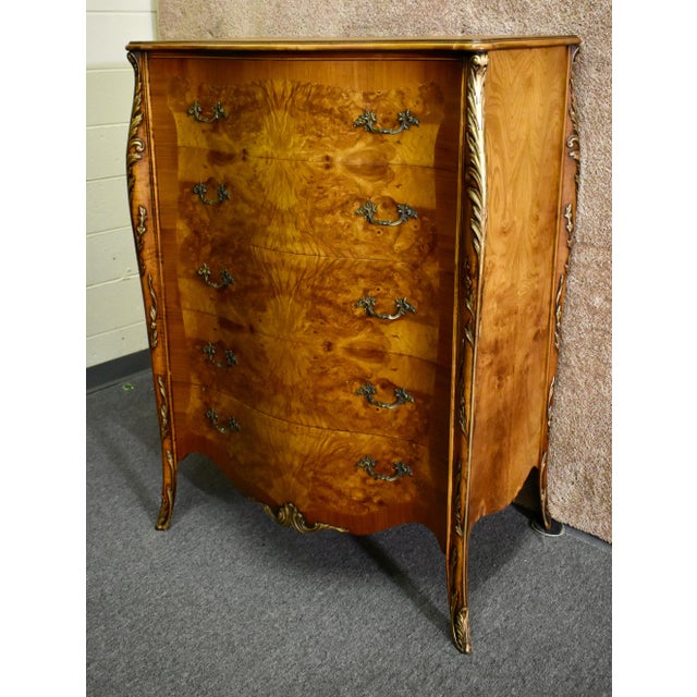 Antique Carved & Inlaid Satinwood Five Drawer French Style Tall Chest