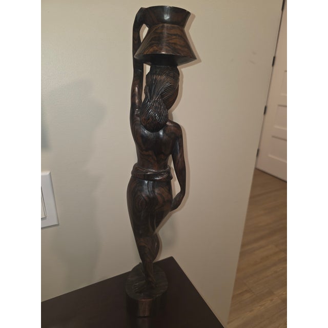 Monumental Mid-Century Two-Tone Macassar Ebony Balinese Harvest Maiden & Water Carrier Sculptures – Pair For Sale - Image 11 of 12