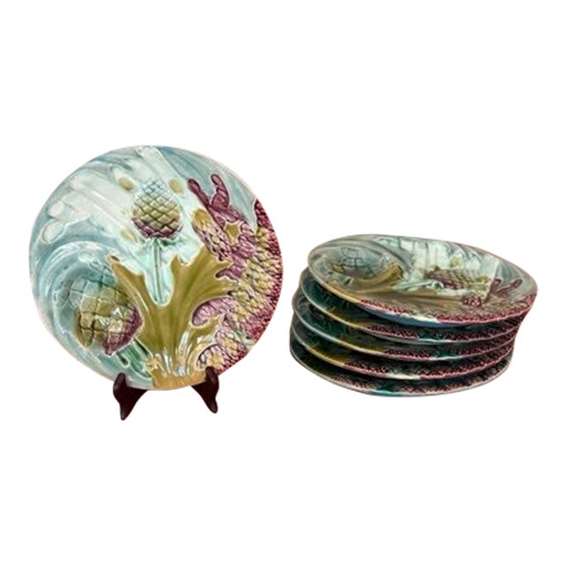 Set of 6 Antique Keller & Guérin Lunéville Majolica Artichoke & Asparagus Plates, Turquoise For Sale