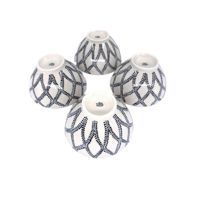 Handcrafted Bat Trang Vietnamese Ceramic Pho or Ramen Bowls With Blue & White Vine Motif - Set of 4 For Sale - Image 10 of 11
