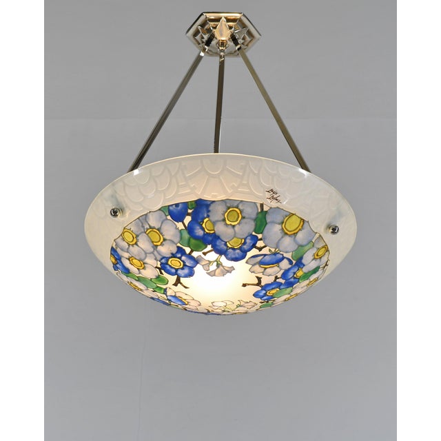 Art Deco Loys Lucha French Art Deco Pendant Light 1930s - Blue White Floral Enameled Bowl For Sale - Image 3 of 13