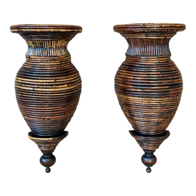 Vintage Boho Sculptural Pencil Rattan Wall Sconces With Ribbed Urn Form For Sale