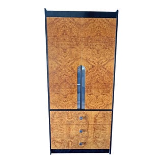 Vintage Milo Baughman Style Burl and Black Tall Dresser or Wardrobe, Chifferobe in Modern Design For Sale
