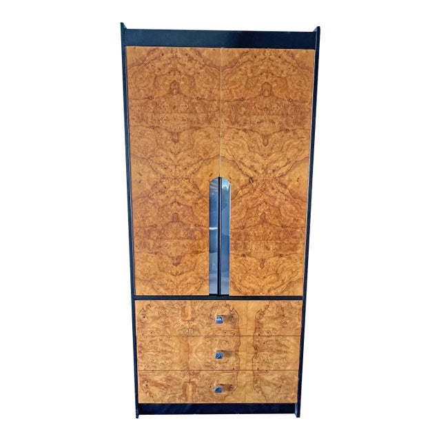 Vintage Milo Baughman Style Burl and Black Tall Dresser or Wardrobe, Chifferobe in Modern Design For Sale