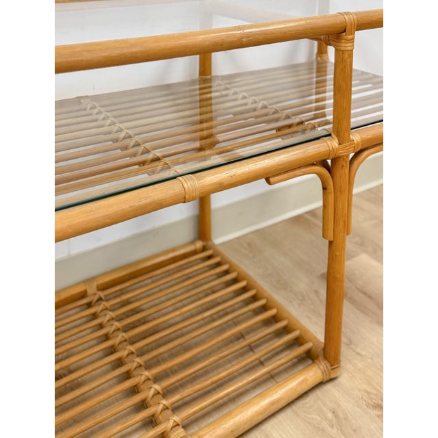 Vintage Console Table Rattan Two-Tier Glass Top Coastal Entryway Sofa Table Rare For Sale - Image 10 of 13