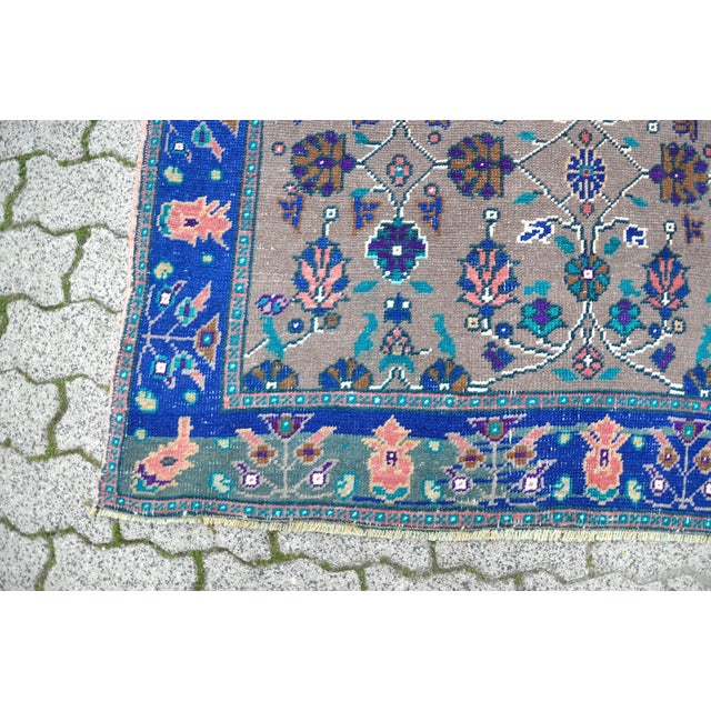 Royal Blue 1960s Floral Design Modern Blue and Gray Vintage Aztec Rug For Sale - Image 8 of 11