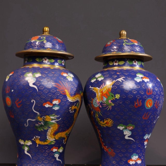 Blue Pair of Vintage Chinese Blue Cloisonné "Dragon & Phoenix" Covered Jars For Sale - Image 8 of 10