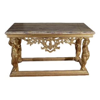 Carved Console Table with Marble Top and Cherubs For Sale