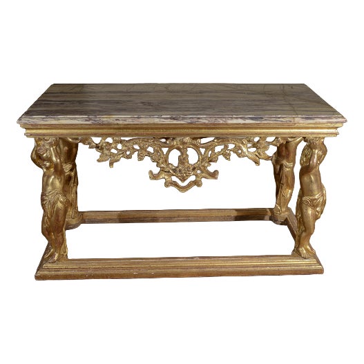 Carved Console Table with Marble Top and Cherubs For Sale