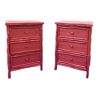 Mid 20th Century Vintage Chinoiserie Faux Bamboo & Cane Nightstands Freshly Lacquered in Rooster Red For Sale
