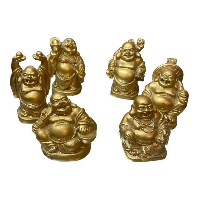 Set of 6 Feng Shui Gold Tone Composite 3” Laughing Buddha Figurines For Sale