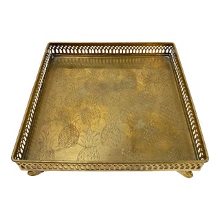 Vintage Square Etched Pineapple Pierced Brass Tray For Sale
