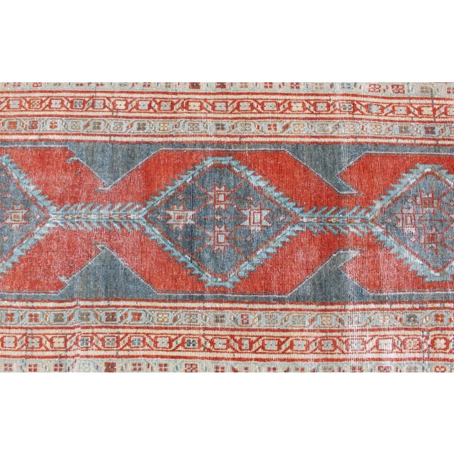 Red Antique Persian Serab With Tri-Medallion Geometric Design in Red and Steel Blue 2'8 X 9'6 For Sale - Image 8 of 11