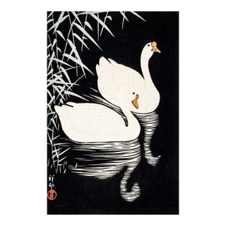 White Chinese Geese Swimming, Vintage Japanese Woodblock Print Reproduction, 16" X 24" For Sale