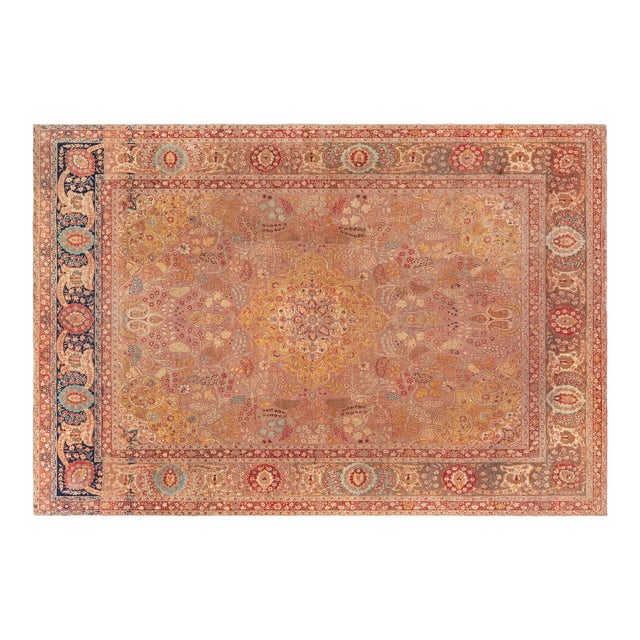 1920s Persian Tabriz Copper, Blue, Green and Salmon Hand Knotted Wool Rug For Sale