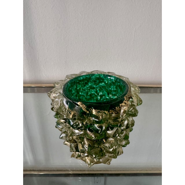 Murano glass vase in rostrato green color with green gold leaf. Made in Italy. Unsigned.