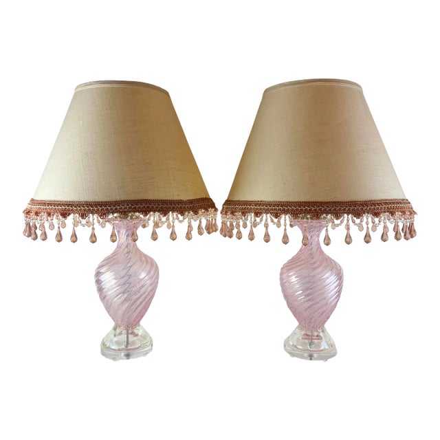 Pair of 1950s Pink Murano Style Lamps With Custom Shades For Sale