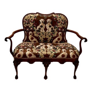 Carved Burlwood & Mahogany Loveseat With Staffordshire Dog Motif Fabric For Sale