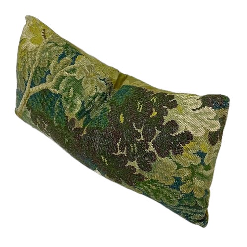 Vintage Custom Verdure linen tapestry by Cowtan and Tout lumbar pillow depicts leaf and tree foliage on the front and bird...