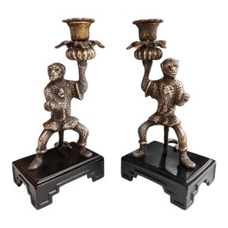 Vintage Castilian Imports Silver-Tone Monkey Opera Candlesticks – Pair, India, 1980s For Sale