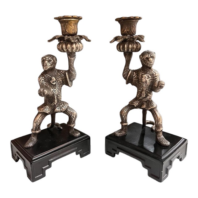 Vintage Castilian Imports Silver-Tone Monkey Opera Candlesticks – Pair, India, 1980s For Sale