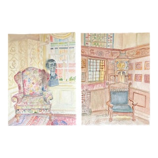 Contemporary Pair of Original Hollywood Regency Interior Watercolor Paintings For Sale