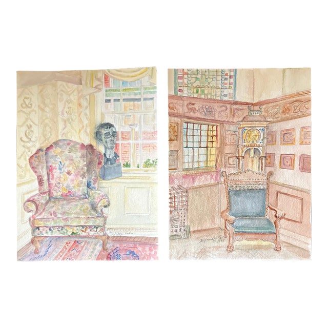 Contemporary Pair of Original Hollywood Regency Interior Watercolor Paintings For Sale